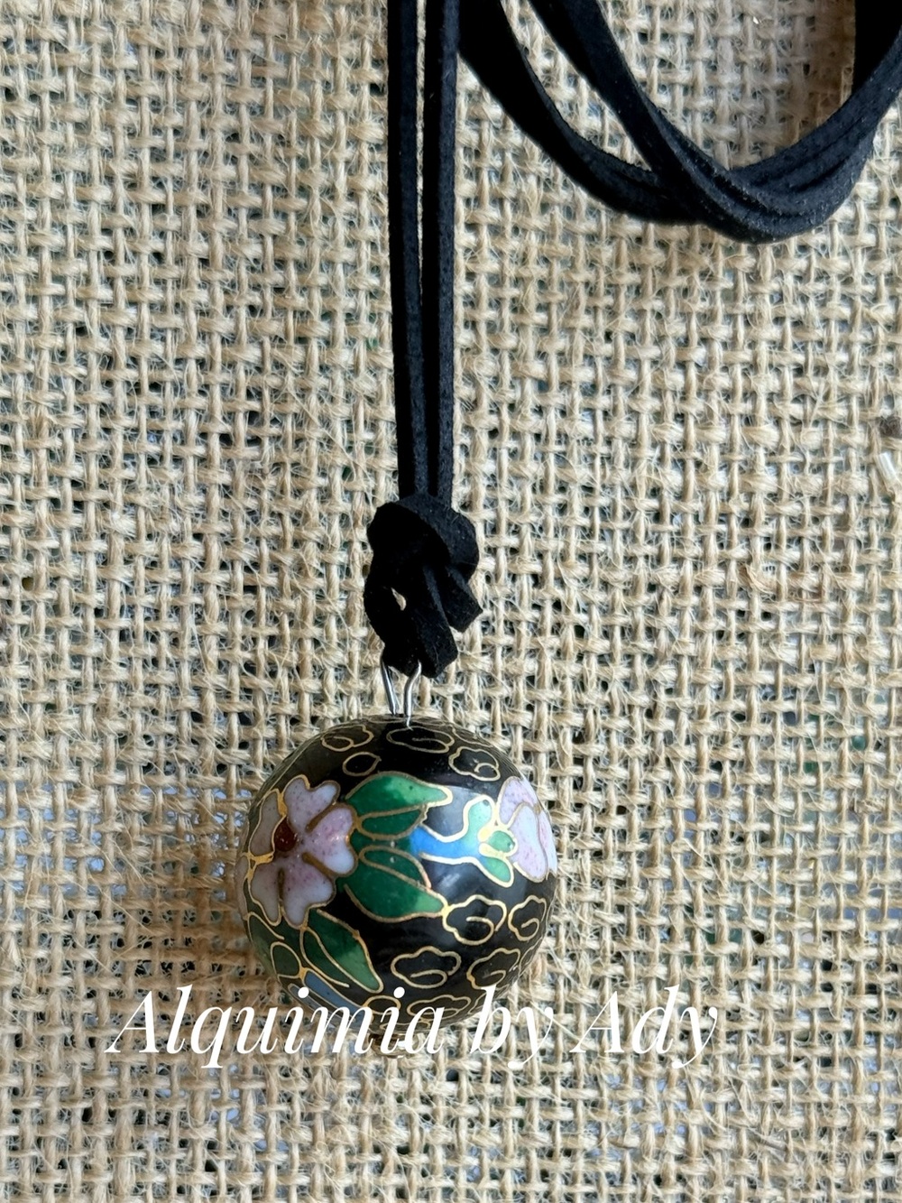 Alquimia Black Cloisonné Floral Ball Pendant with Pink and Green Accents